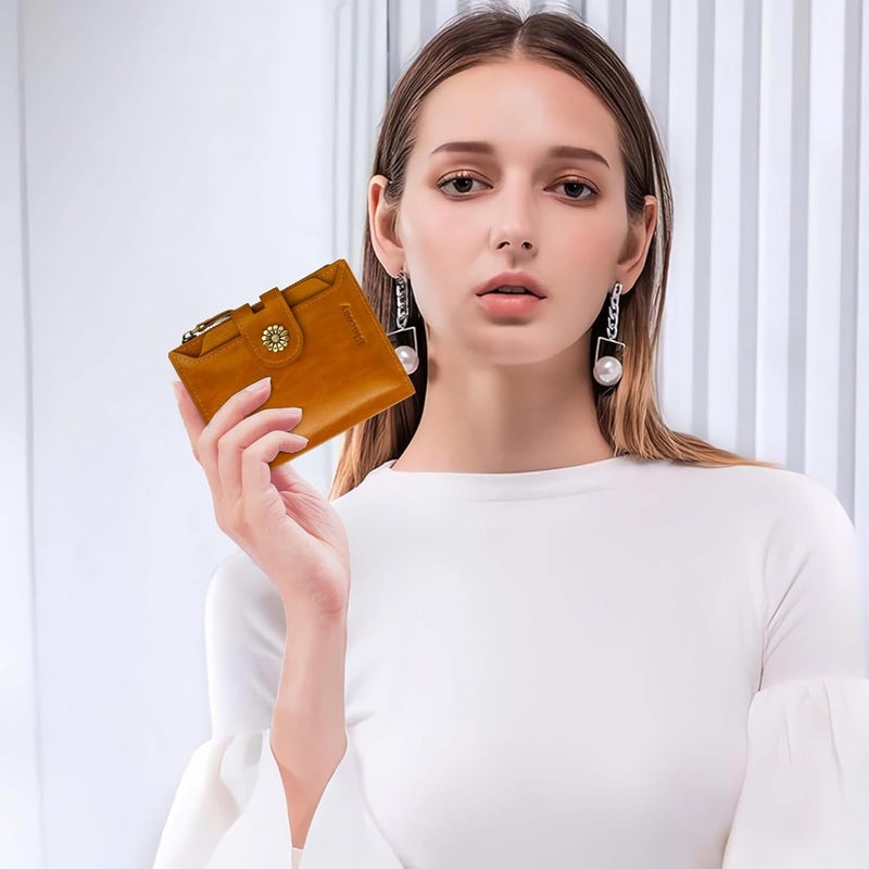 Blucoay Leather Wallet Women,RFID Blocking Womens Wallet Bifold Compact Card Holder Small Wallet for Women with Removable ID Window LightBrown - Image 2